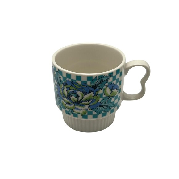 Vintage Japan Stackable Retro Sunflower Mug Orange Blue Checkered Flowers MCM - Picture 1 of 9